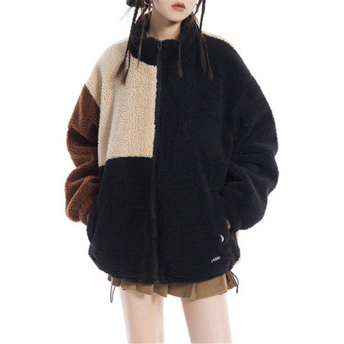 Custom Women's Fashion Coat| Lamb Wool Stand Collar Jacket| Zipper Cardigan Splicied Color Design Coat| 2022 Winter Trendy Coat For Women