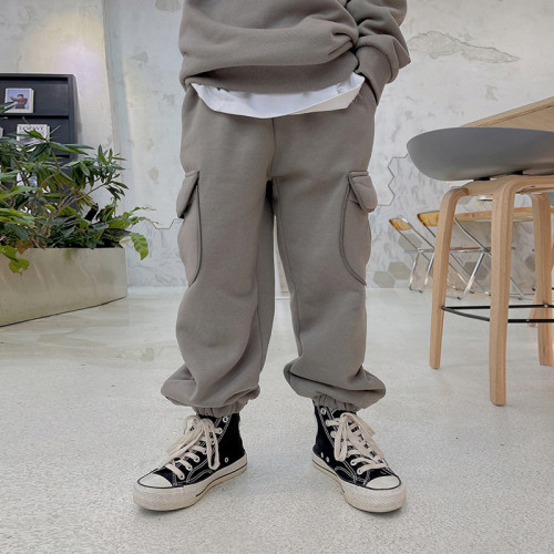 Custom Kids High Street Cargo Pants| 2022 New Disign Winter Thick Jogger Pants| 100% Cotton Warm Lambs Wool Cargo Pants For Kid