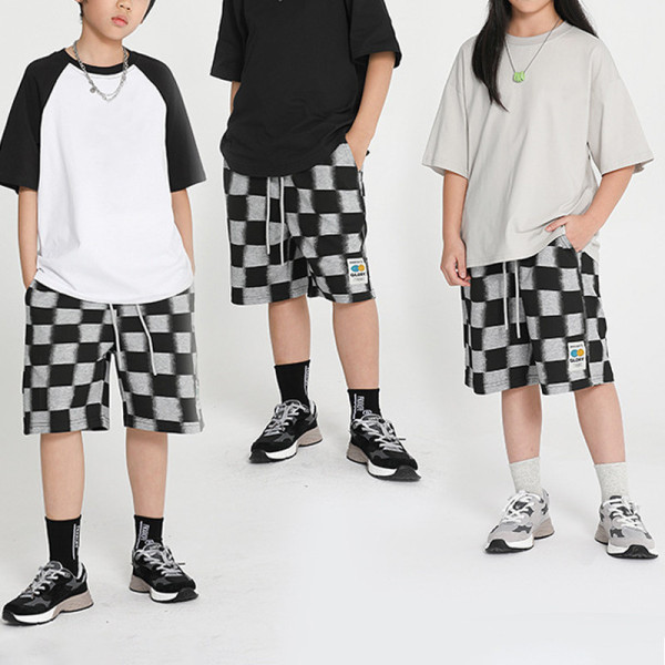 Custom Kids' Loose Fit Shorts| Custom Black And White Grid Shorts| Wholesale Fashion Shorts