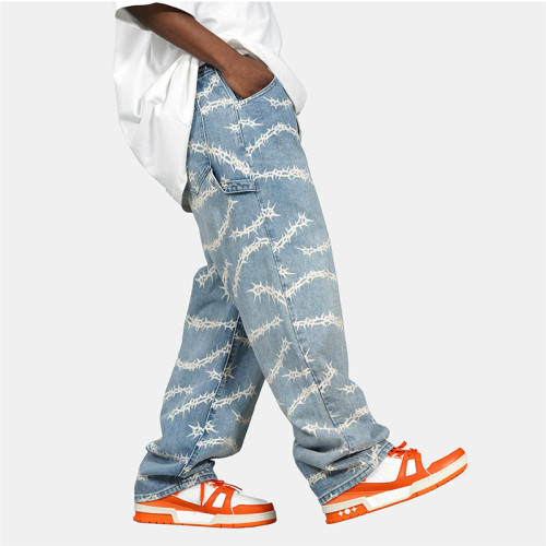 Pantalons en jean amples hip-hop personnalisés pour hommes| Pantalon Jean long imprimé personnalisé| Vente en gros Pantalon Jean Droit