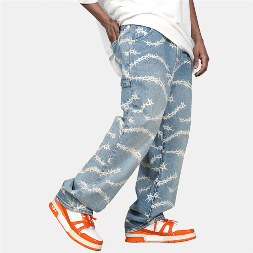 Individuelle Hip-Hop-Jeanshose für Herren| Lange Jeanshose mit individuellem Aufdruck| Gerade Jeanshosen im Großhandel