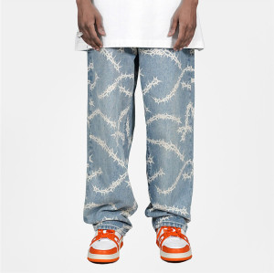 Custom Men's Hip-hop Loose Jean Pants| Custom Print Long Jean Pants| Wholesale Straight Jean Pants