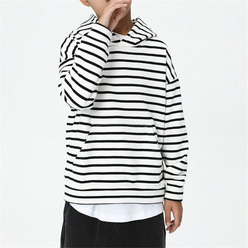 Custom Kids Loose High Street Hoodie | Clothing European American Top | Black White Stripes Unisex Casual Sweater