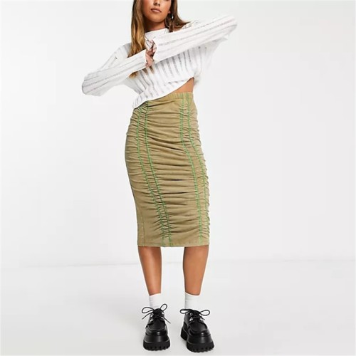 Custom Women's Vintage Ruched Midi Skirt| Custom Slim Fit Skirt| Wholesale Casual Skirt