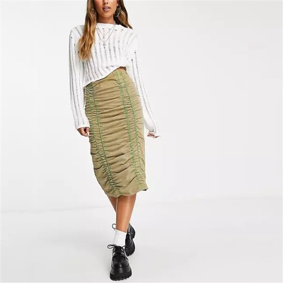 Custom Women's Vintage Ruched Midi Skirt| Custom Slim Fit Skirt| Wholesale Casual Skirt