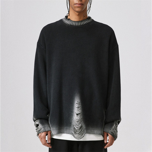 Wholesale Washing Water And Color Contrast Damage Pullover Sweater| High Quality American High Street Loose Autumn And Winter Sweater