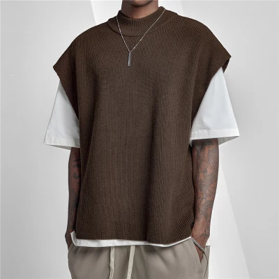 Custom New Sleeveless Sweater | Men's American Retro Loose Vest | Casual Small Stand-up Collar Knitted Vest