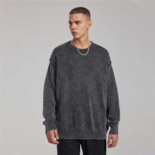 Custom Men's Wash Vintage Sweater | American Retro Street Casual Sweater | Trendy Loose Off Shoulder Black Couple Sweater