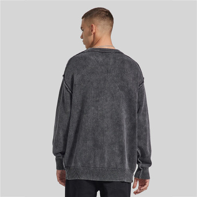 Custom Men's Wash Vintage Sweater | American Retro Street Casual Sweater | Trendy Loose Off Shoulder Black Couple Sweater