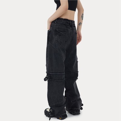 Custom High Street Women's Cargo Pants|New Design Acid Wash Vintage Jeans|Custom Loose Straight Trousers For Women