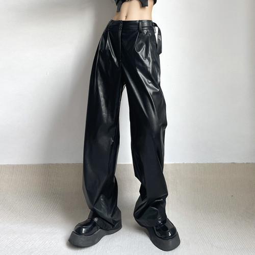 Hot Sale Autumn Fashion New Solid Color|Base Straight Pants|Street Tide Cool Low Waist|Loose Casual PU Leather Pants Women