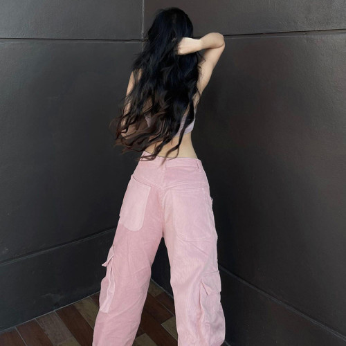 Hot Sale Street Spice Girl Cargo Pants|Solid Color Straight Pants|Corduroy Low-waisted|Multi-pocket INS Overalls Women