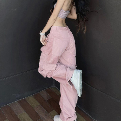 Hot Sale Street Spice Girl Cargo Pants|Solid Color Straight Pants|Corduroy Low-waisted|Multi-pocket INS Overalls Women