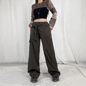 New Design Street Pocket Zipper|Stitching Tooling Casual Pants|Spring Low Waist Bow Front Flap Belt|Loose Wide Leg Pants