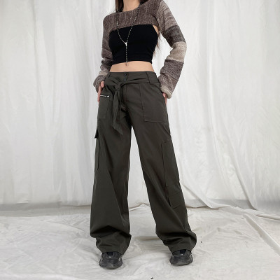 New Design Street Pocket Zipper|Stitching Tooling Casual Pants|Spring Low Waist Bow Front Flap Belt|Loose Wide Leg Pants