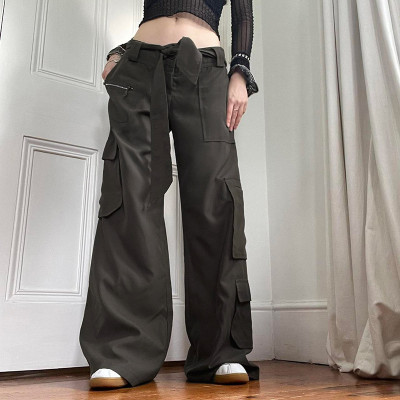 New Design Street Pocket Zipper|Stitching Tooling Casual Pants|Spring Low Waist Bow Front Flap Belt|Loose Wide Leg Pants