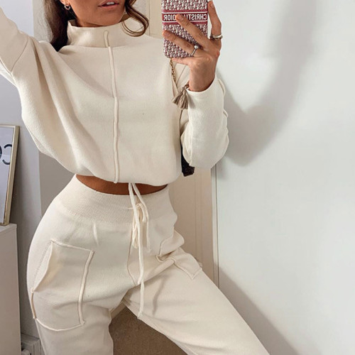 Hot Sale Women's Blank Tracksuit|Crop Hoodie And Elastic Waist Pants Sweatsuit|High Neck casual Two Piece Set