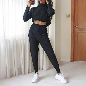 Hot Sale Women's Blank Tracksuit|Crop Hoodie And Elastic Waist Pants Sweatsuit|High Neck casual Two Piece Set