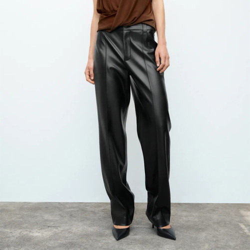 Wholesale Women's Street Leather Pants|Black Straight High Waist Pants|Wide Leg Casual PU Pants