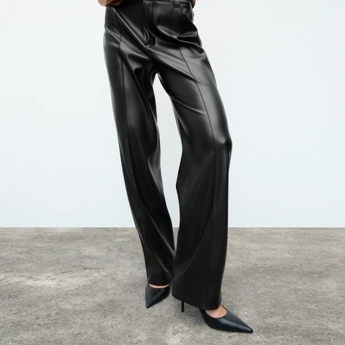 Wholesale Women's Street Leather Pants|Black Straight High Waist Pants|Wide Leg Casual PU Pants