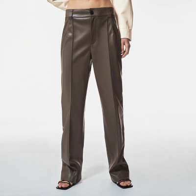 Wholesale Women's Street Leather Pants|Black Straight High Waist Pants|Wide Leg Casual PU Pants