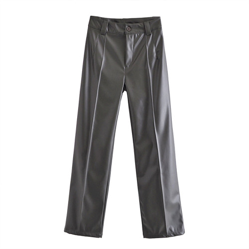 Wholesale Women's Street Leather Pants|Black Straight High Waist Pants|Wide Leg Casual PU Pants