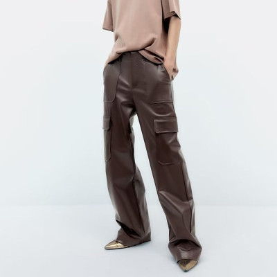 Women's Leather Pants Manufacturer|Custom Zipper Fly Straight Leg Pants|High Waist Slim Fit Pants For Lady