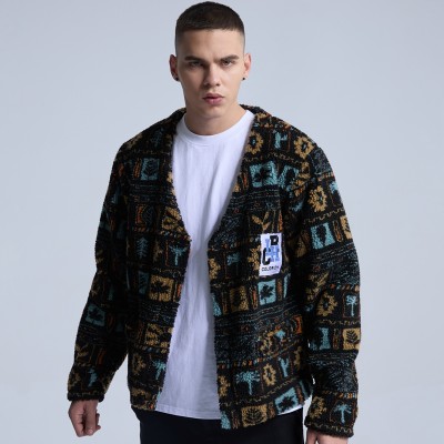 Original Casual Street Wear Coat|Whole Patterned Lamb Wool Coat|V Neck Full-zip Cardigan Coat Men