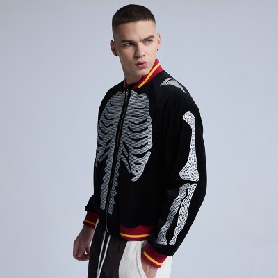 Custom Varsity Letterman Jacket Men Velvet Embroidered Ribcage Skeleton Bones Streetwear