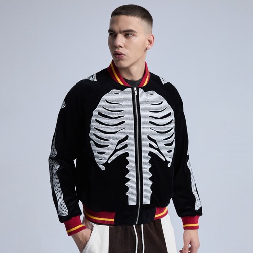 Custom Varsity Letterman Jacket Men Velvet Embroidered Ribcage Skeleton Bones Streetwear