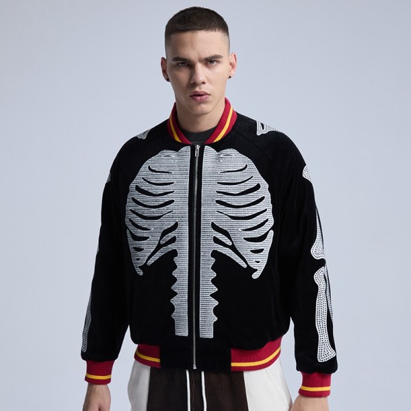 Custom Varsity Letterman Jacket Men Velvet Embroidered Ribcage Skeleton Bones Streetwear