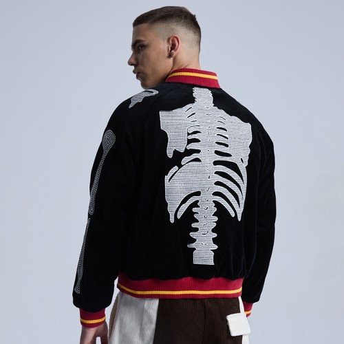 Custom Varsity Letterman Jacket Men Velvet Embroidered Ribcage Skeleton Bones Streetwear