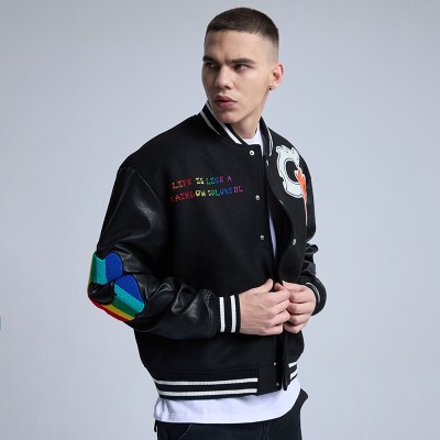 Original Casual Street Wear Coat|Lamb Fleece Stitching Leather Sleeve Jacket|Stick Cloth Towel Embroidery Pattern Jacket