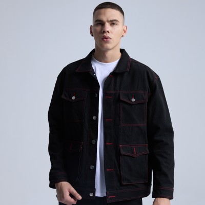 Original Casual Street Wear Coat Dark Cold Style Jacket Black Denim Jacket With The Red Line Pockets