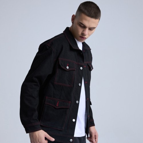 Original Casual Street Wear Coat Dark Cold Style Jacket Black Denim Jacket With The Red Line Pockets