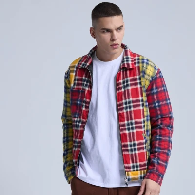 Manufacturing Plaid Checkered Jacket 100% Cotton Zip Up Colorblock For Men