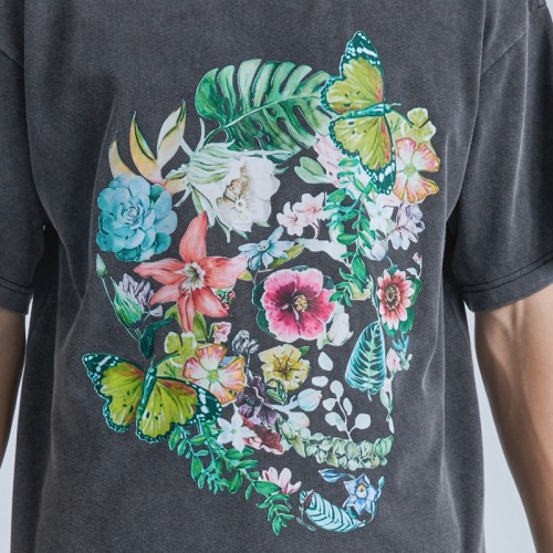 New Design Men's Vintage T-shirts|High Quality Pyrography Floral T-shirts|Original Snow Washing T-shirts
