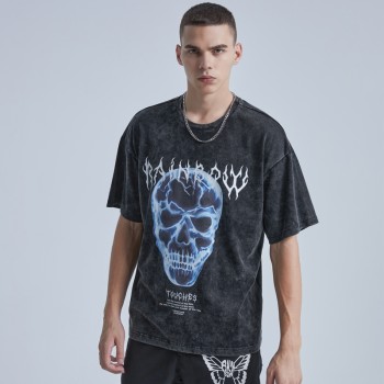Fashion Snow Washing T-shirts Factory|High Quality Pyrography Skull T-shirts|Trendy Clothing Men's Vintage T-shirts