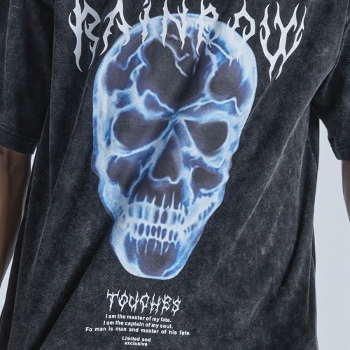 Fashion Snow Washing T-shirts Factory|High Quality Pyrography Skull T-shirts|Trendy Clothing Men's Vintage T-shirts