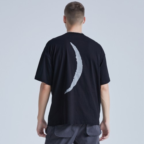 New Design Men's Loose T-shirts Factory|Innovative Pyrography Moon Pattern T-shirts|Custom Black 100% Cotton T-shirts