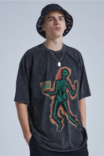 Men's Acid Wash T-shirt | Skeleton Graphic | DTG Print | Heavy Weight Cotton | Vintage Streetwear