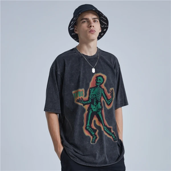 Men's Acid Wash T-shirt | Skeleton | DTG Print | Heavy Weight Cotton | Vintage Washed | Custom Graphic Tee Shirt