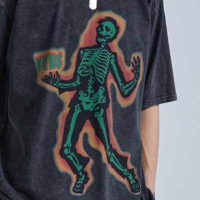 Men's Acid Wash T-shirt | Skeleton Graphic | DTG Print | Heavy Weight Cotton | Vintage Streetwear