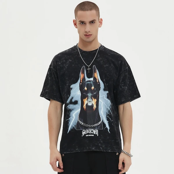 Stone Washed T shirt | DTF Heat Transfer | Dobermann Graphic | 230 250 GSM | Cotton Jersey | Custom Streetwear T-shirt