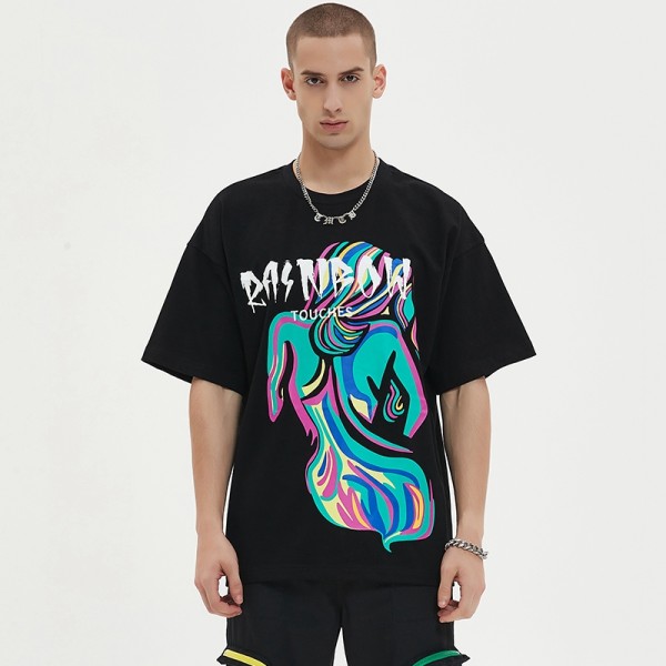 Oversized Black T shirt | Rainbow Graphic | 280 GSM | Drop Shoulder | Streetwear Clothing Manufacturers