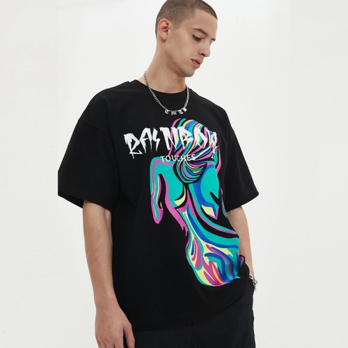 Oversized Black T shirt | Rainbow Graphic | 280 GSM | Drop Shoulder | Streetwear Clothing Manufacturers