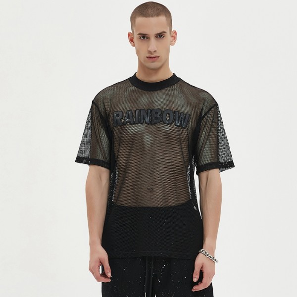 Mesh T shirt Men | Oversized | Leather Applique Embroidered | Lightweight | Sports Leisure Wear