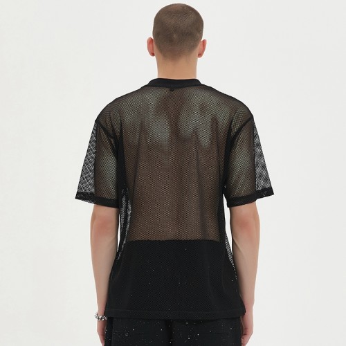 Mesh T shirt Men | Oversized | Leather Applique Embroidered | Lightweight | Sports Leisure Wear