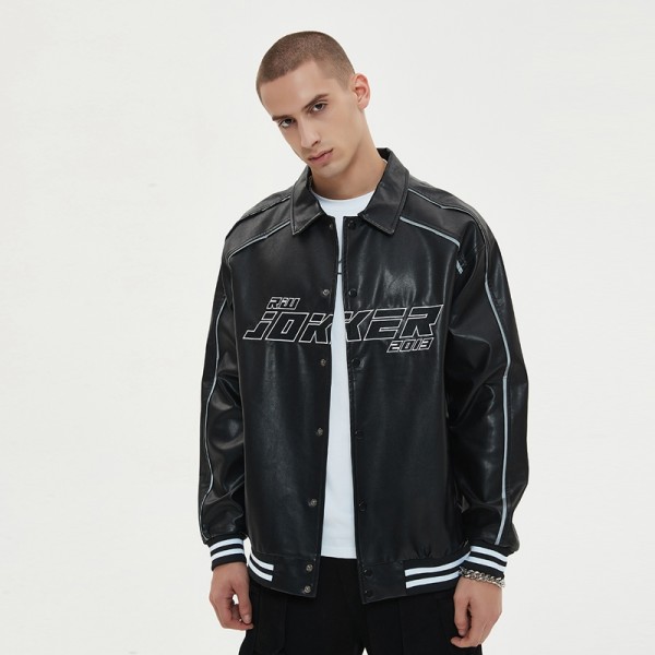 Faux Leather Bomber Jacket Men | Logo Patch | Snap Button | Jacket Manufacturer