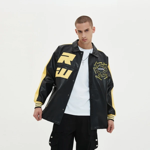 Chaqueta de piel sintética | Carreras | Motociclista | Botón | Apliques bordados | Fabricante de ropa de calle